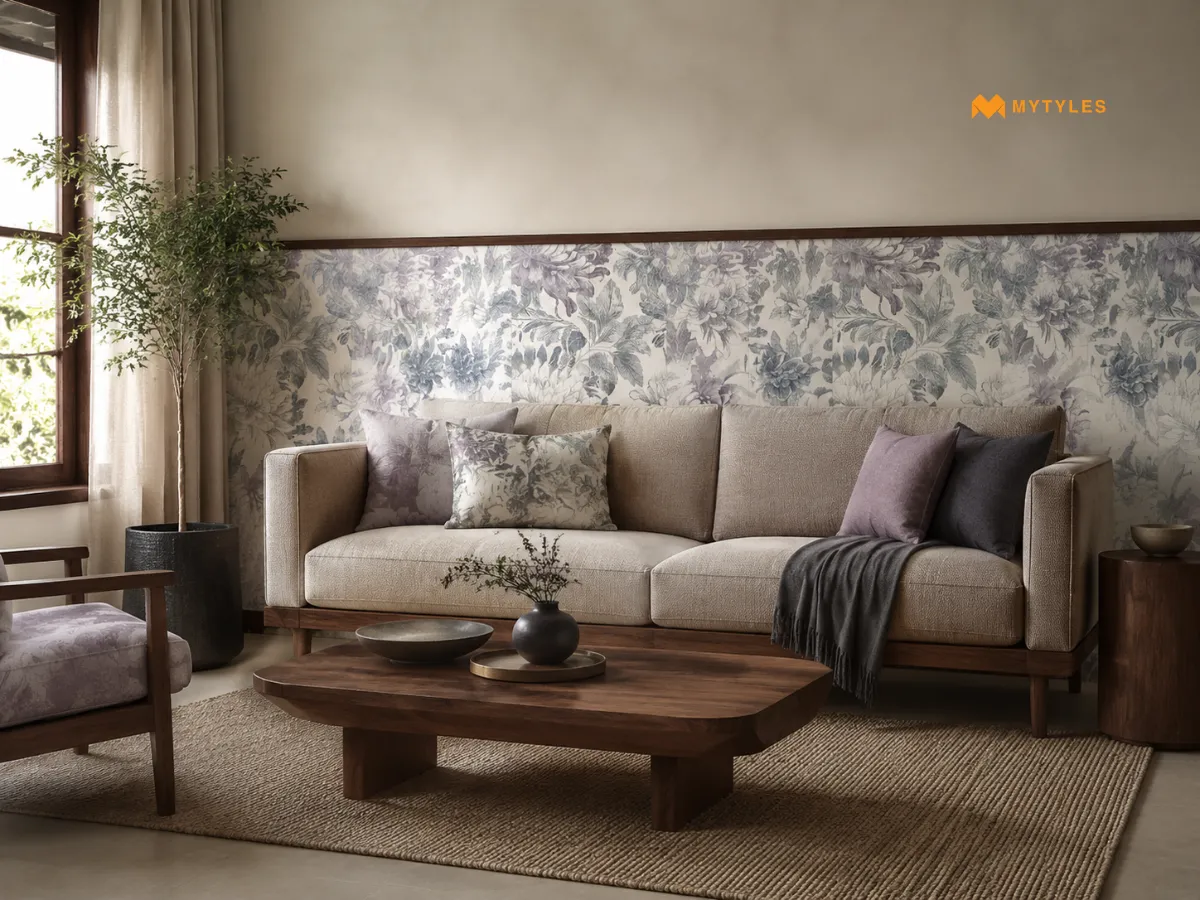 Vitrified Blue Tropical Half Wall Tile In Living Room